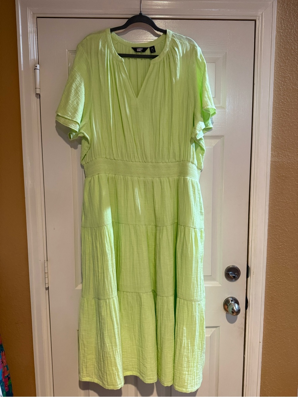 Lands' End 2X Lime Green 100% Cotton Gauze Tiered Midi Dress Split Neck Pockets